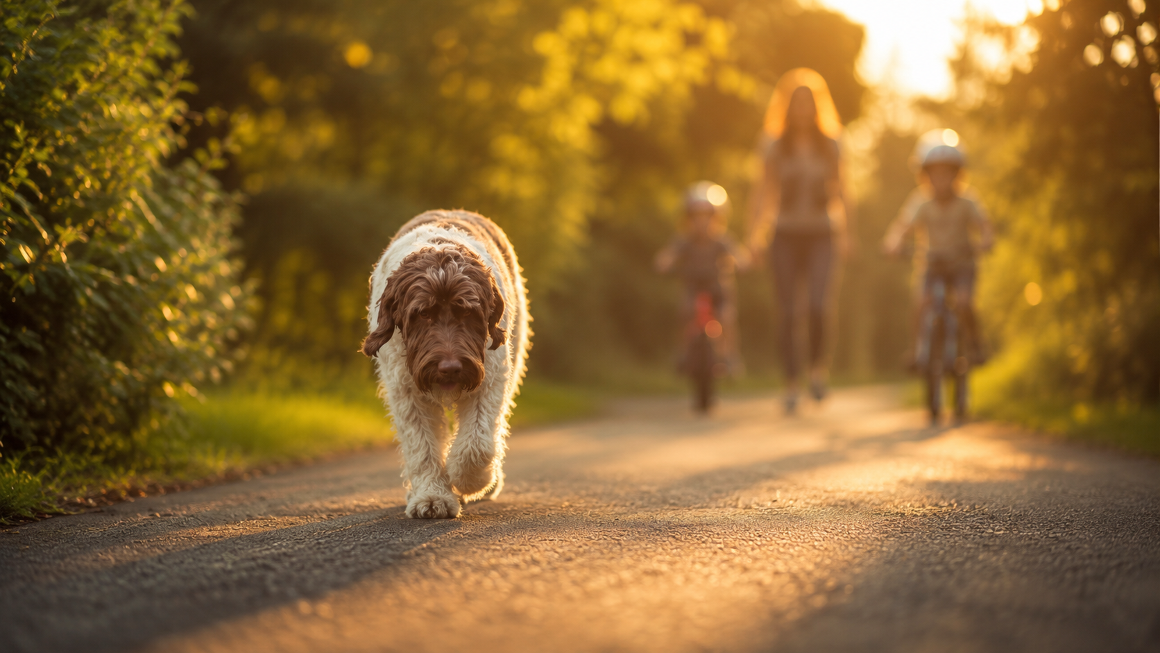 Famille se promenant avec un chien